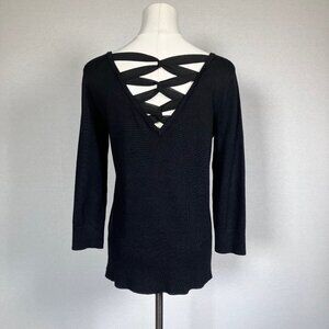 Spence Black Sweater Top 3/4 Sleeve SEXY Cris Cross Ribbon Back S Small NWOT